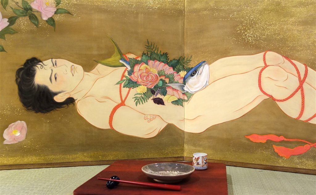 KIMURA Ryoko 木村了子「男体盛り図枕屏風－寒ブリ姿造り」部分