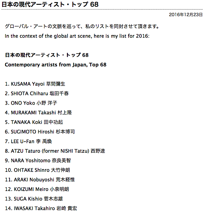 トップ日本現代アーティストContemporary artists from Japan 2016