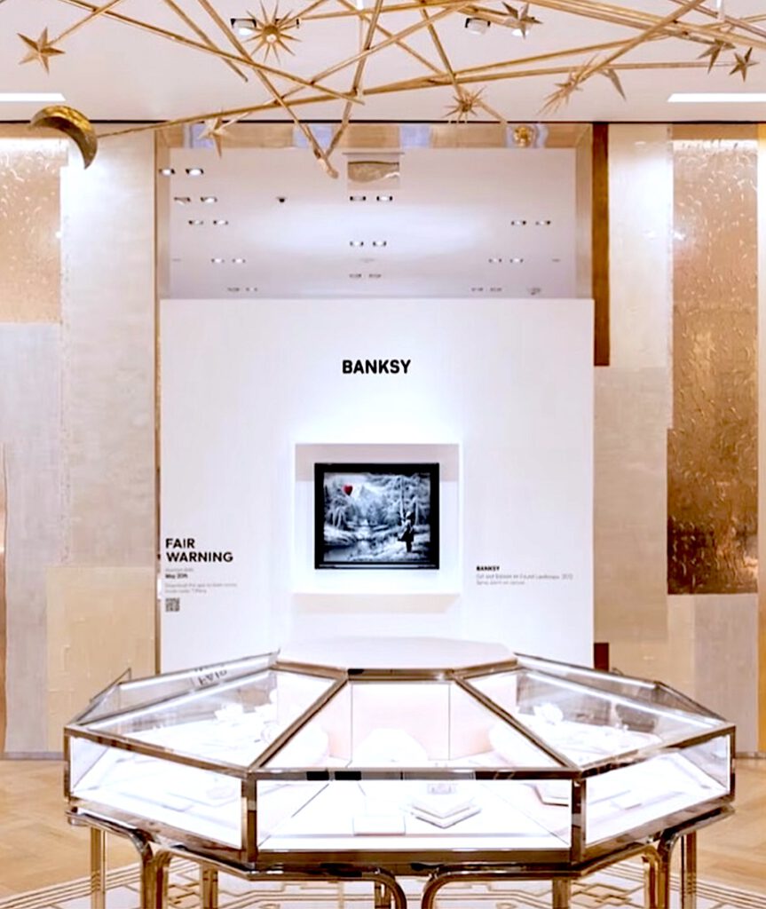 Banksy at Tiffany’s on Fifth Avenue New York with Girl with Ballon on Found Landscape 2012, sold for 18 million US Dollar