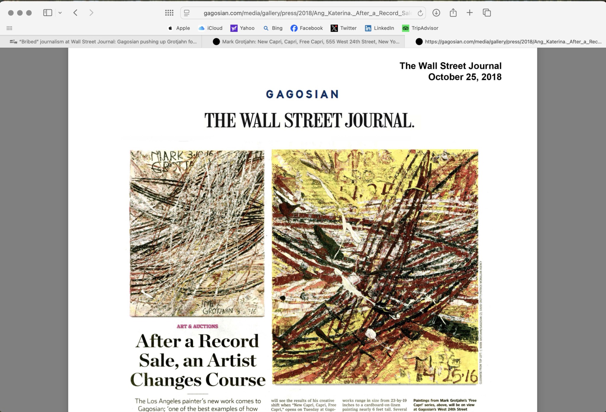 Gagosian Gallery bribed Wall Street Journal, New York. Mark Grotjahn article