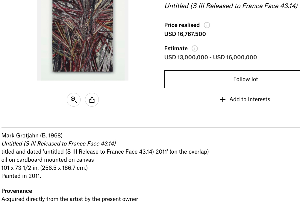Mark Grotjahn Untitled (S III Released to France Face 43.14) 2011, sold at Christie’s New York on 17th May 2017 for US$ 16.8 million