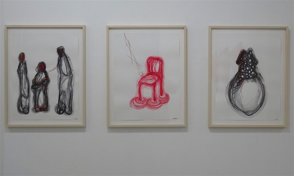 塩田千春 SHIOTA Chiharu, from left “Three Red Faces”, “Four Feet”, “Dress” 2018, watercolor, oil pastel and thread on paper, each 65 x 42 cm
