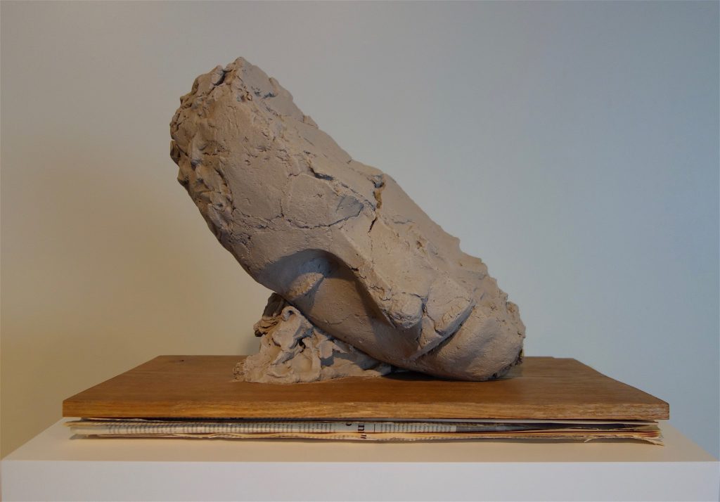 Mark Manders “Study for Large Tilted Head” 2017-2018, painted bronze, wood, offset print on paper