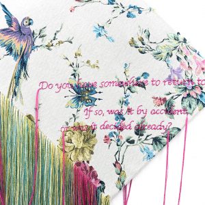 TEZUKA Aiko 手塚愛子 “Mutterkuchen (Placenta) – 01” 2018, Embroidery and a knitted basket with unravelled readymade fabric wooden frame, 155 x 70 cm, detail | TEZUKA Aiko 手塚愛子 “Mutterkuchen (Placenta) - 01” 2018, Embroidery and a knitted basket with unravelled readymade fabric wooden frame, 155 x 70 cm, detail