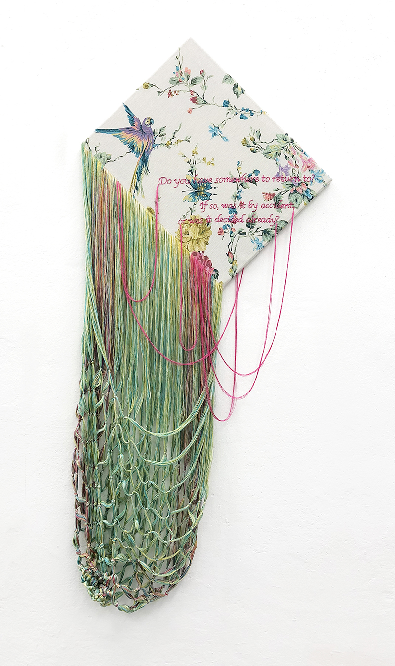 TEZUKA Aiko 手塚愛子 “Mutterkuchen (Placenta) – 01” 2018, Embroidery and a knitted basket with unravelled readymade fabric, wooden frame, 155 x 70 cm