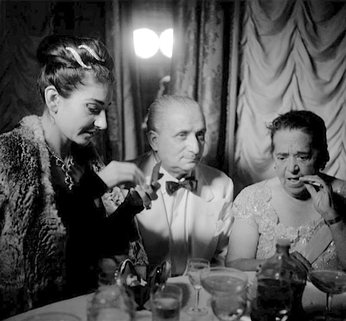 Maria Callas, husband Giovanni Meneghini, US gossip columnist, professional hostess Elsa Maxwell ca. 1957