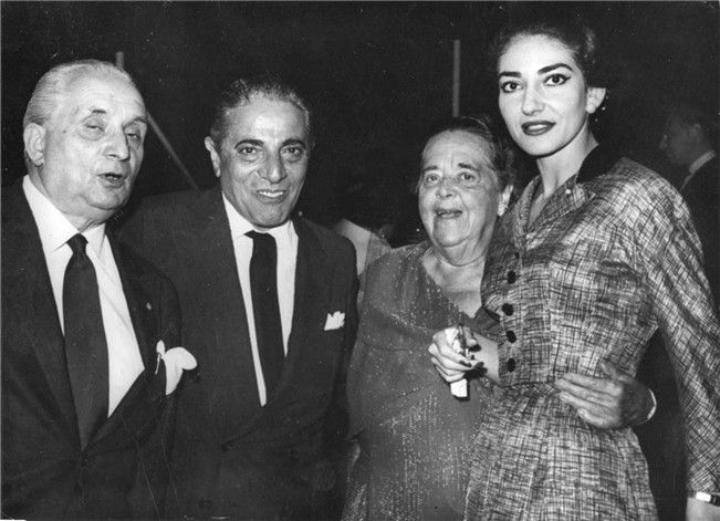 Maria Callas with Elsa Maxwell, Aristotle Onassis, and her husband Giovanni Batista Meneghini