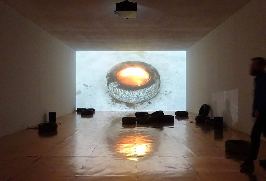 Rirkrit Tiravanija “untitled 2015 (bangkok boogie boogie, no.1)” 2015, Bronze tires, copper sheets, video, color, sound; dimensions variable, Gavin Brown’s enterprise