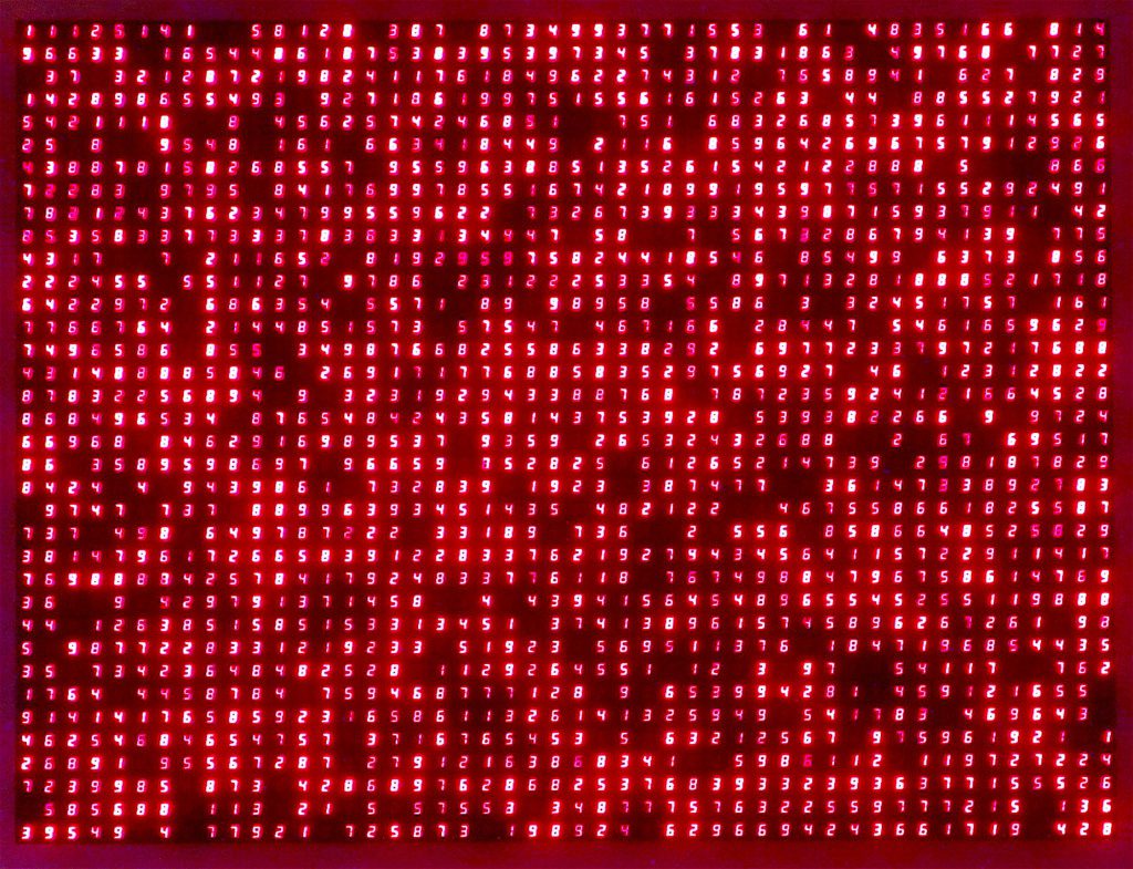 MIYAJIMA Tatsuo 宮島達男 Keep Changing, Connect with Everything, Continue Forever 1998 Red Light Emitting Diode (Time DR 1728 pieces), IC, electric wire, plastic, aluminum, panel