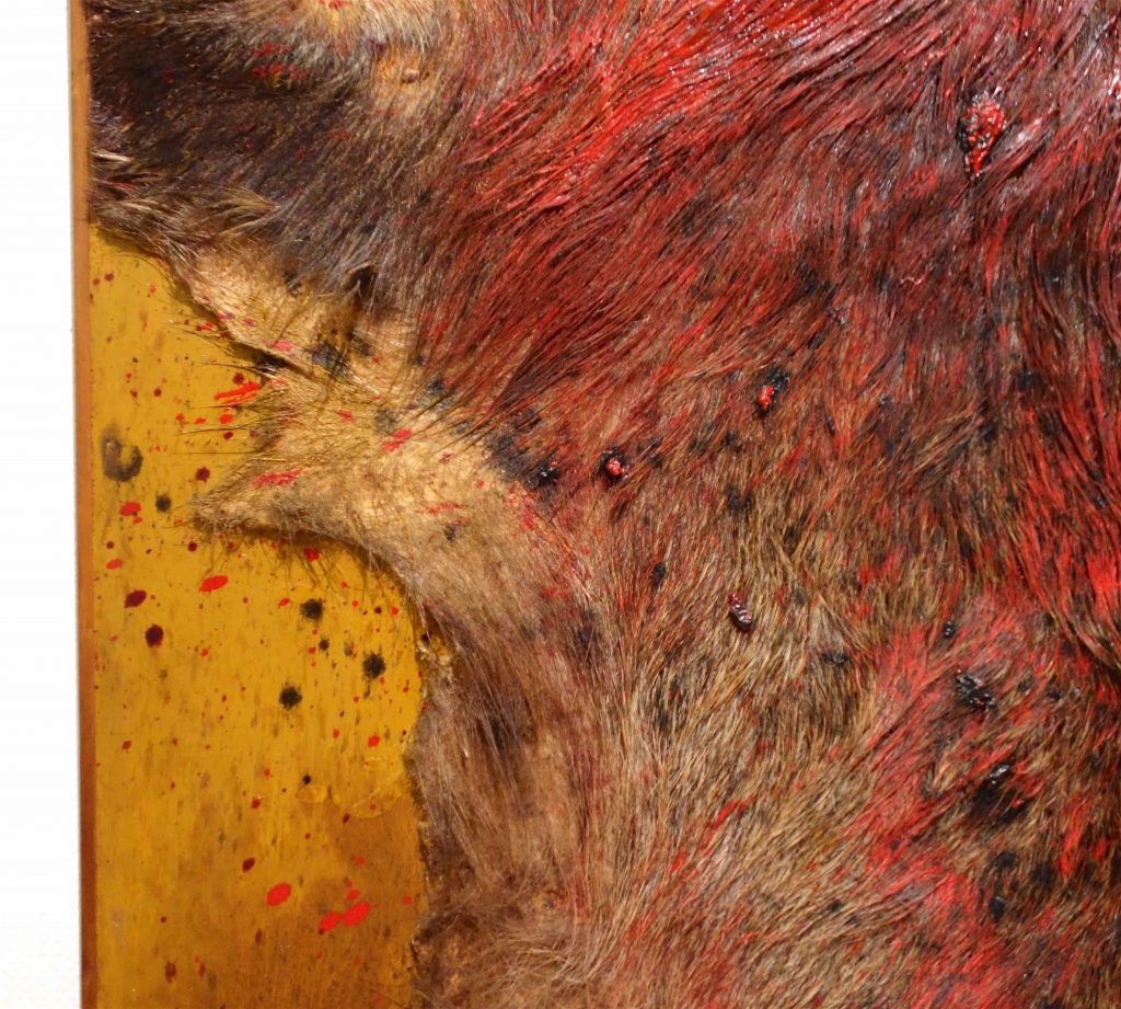 白髪 一雄 SHIRAGA Kazuo 猪狩壱 Wild Boar Hunting 1 1963 Fur, paste, oil on panel, detail1