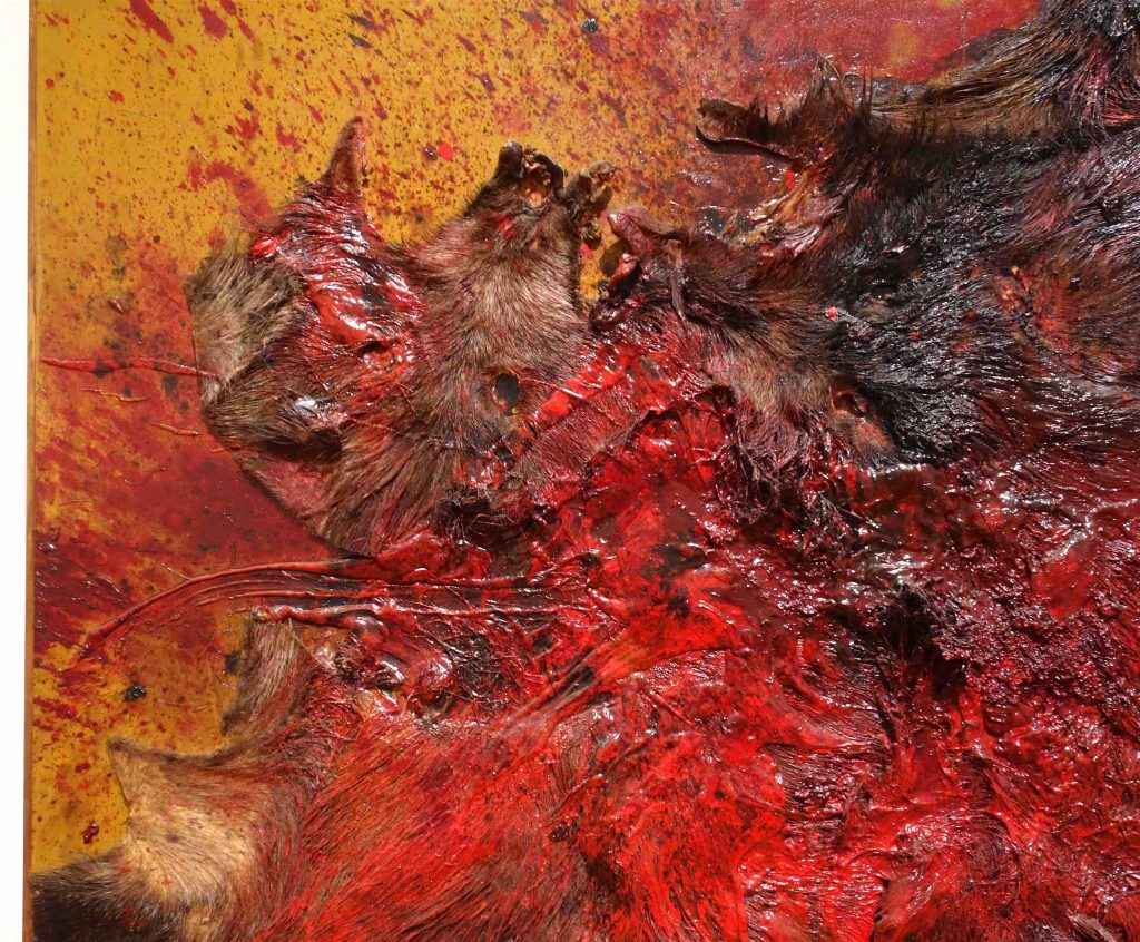 白髪 一雄 SHIRAGA Kazuo 猪狩壱 Wild Boar Hunting 1 1963 Fur, paste, oil on panel, detail2