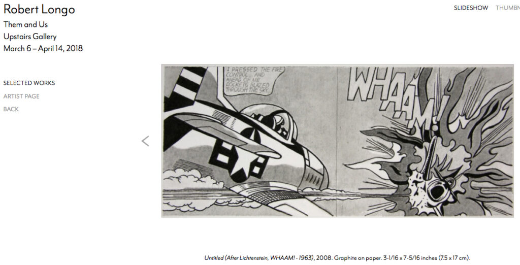 Robert Longo “Untitled (After Lichtenstein, WHAAM – 1963)” 2008 (screenshot from Metro Pictures)