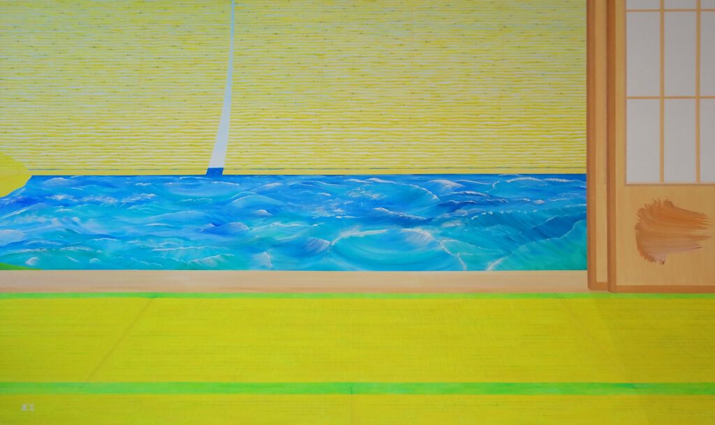 Mario A 亜 真里男「湾岸の家 (I)」(Coastal House (I)), oil on canvas, 2012, 97 x 162 cm
