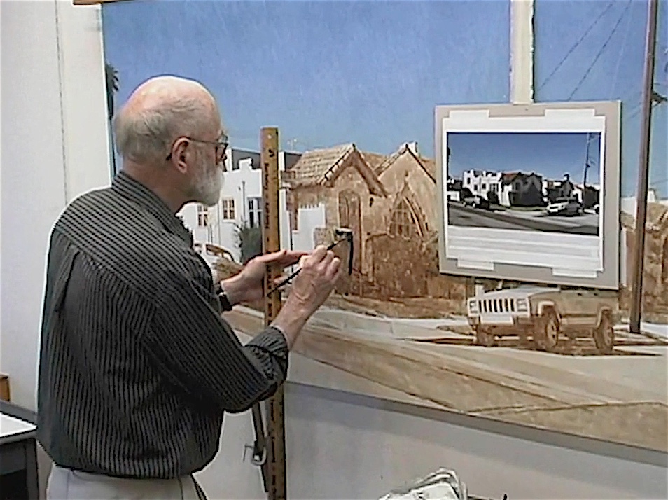 Robert Bechtle ロバート・ベクトル in his studio, painting process, screenshots from documentary film5, courtesy creative common sense