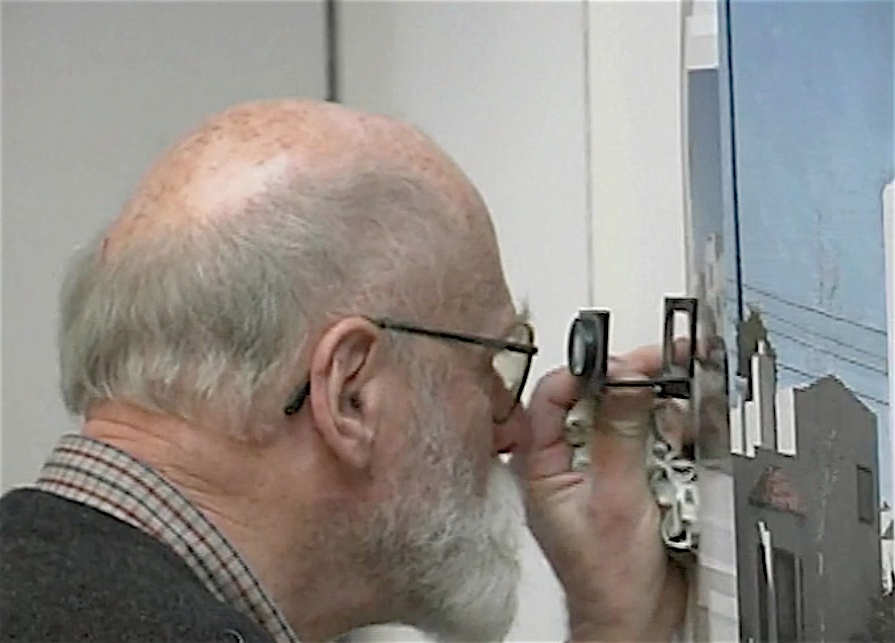 Robert Bechtle ロバート・ベクトル in his studio, painting process, screenshots from documentary film7, courtesy creative common sense