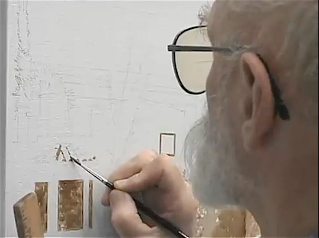 Robert Bechtle ロバート・ベクトル in his studio, painting process, screenshots from documentary film8, courtesy creative common sense