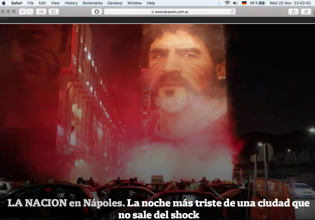 The reaction in Napoli (Italy) shown in ‚La Nacion‘ newspaper, Argentina