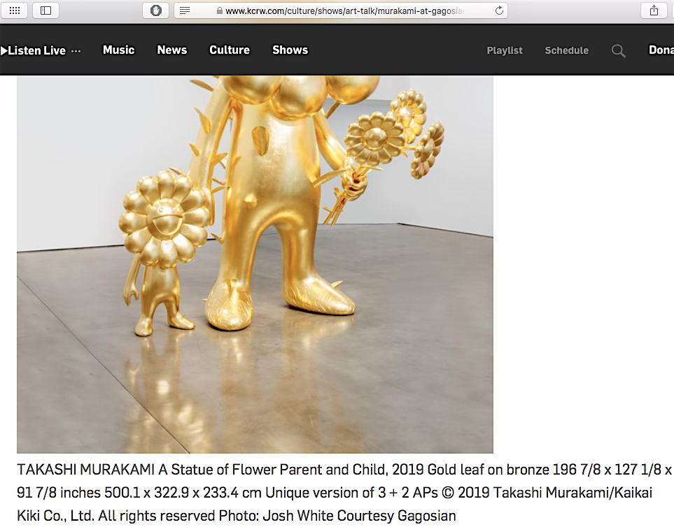 村上隆 TAKASHI MURAKAMI A Statue of Flower Parent and Child 2019 Gold leaf on bronze 196 7:8 x 127 1:8 x 91 7:8 inches 500.1 x 322.9 x 233.4 cm Unique version of 3 + 2 APs @ Gagosian 2019, screenshot from KCRW website