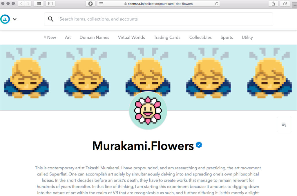 screenshot of today’s Murakami Takashi’s opensea digital marketplace account1