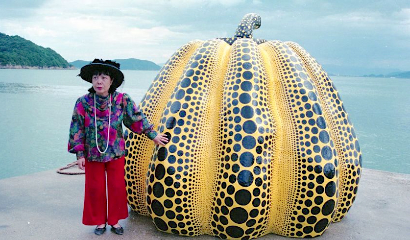 KUSAMA Yayoi inaugurating her Pumpkin 1994 at the Bennesse Art Site, Naoshima