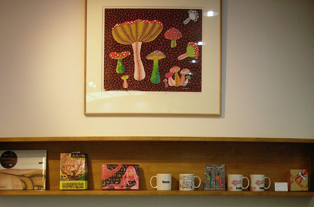 KUSAMA Yayoi’s books, items and works for sale at the Temporary Showroom of Takahashi Ryutaro Collection in Hibiya, Tokyo 2009