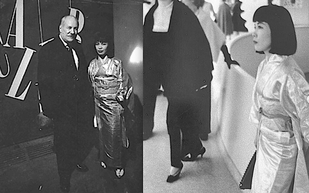 Kusama with Kimono @ Guggenheim Museum opening 1964, left with Barnett Newman