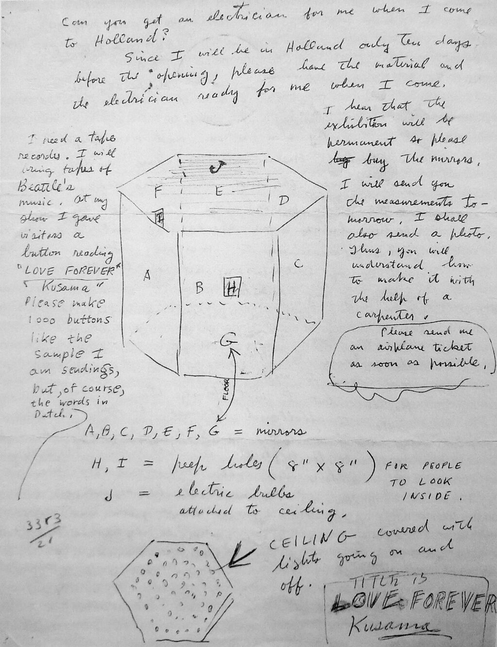 Kusama’s “Love Forever” plan for an exhibition in Holland aka ‘Infinity Mirrored Room’ : ‘Peep Show’ : ‘Endless Love Show’,1966