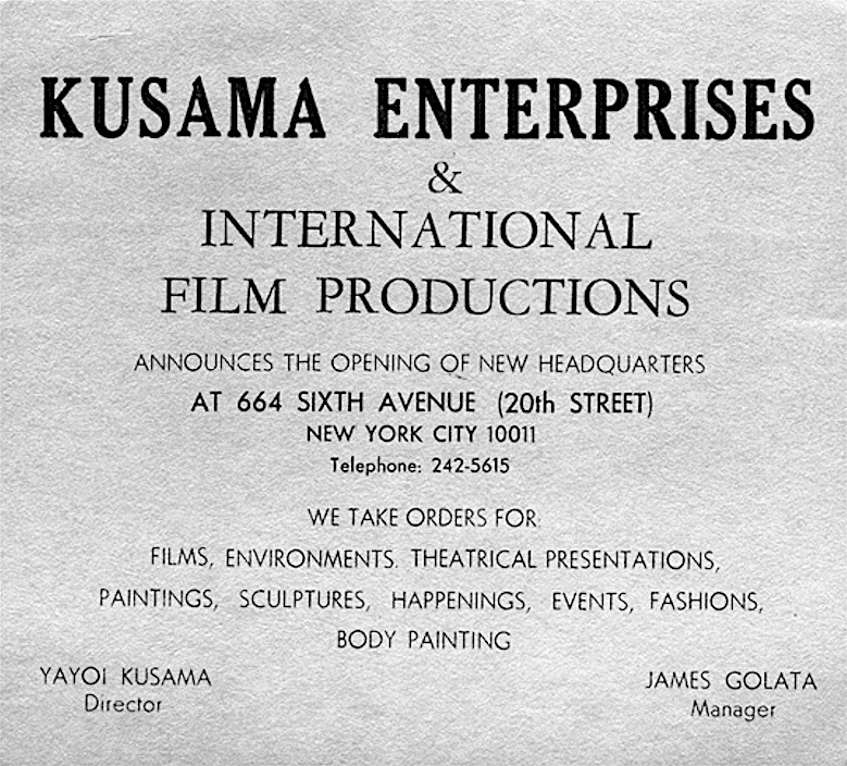 草間彌生 KUSAMA ENTERPRISES & INTERNATIONAL FILM PRODUCTIONS, 1969. Yayoi Kusama, director and James Golata as manager. Single sided card for promotion.