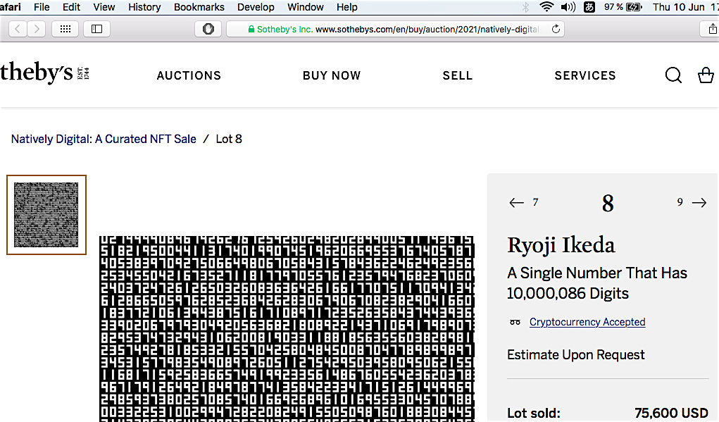 池田亮司 Ryoji Ikeda A Single Number That Has 10,000,086 Digits sold for 75.600 US$ @ Sotheby’s 2021:6:10