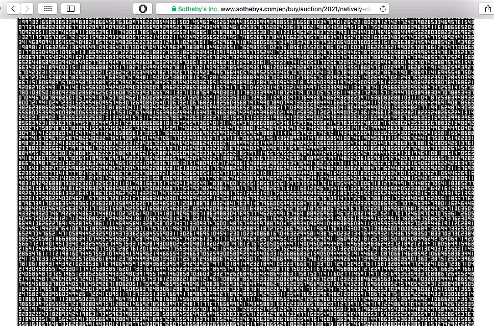 池田亮司 Ryoji Ikeda "A Single Number That Has 10,000,086 Digits", detail @  Natively Digital: A Curated NFT Sale,  Sotheby’s New York, 10 June 2021