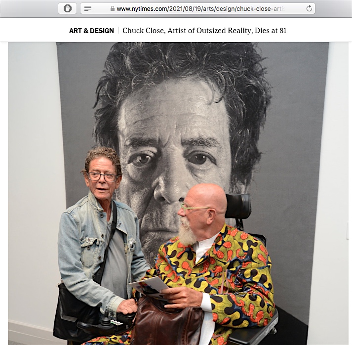 Lou Reed, in front of a portrait of himself with Chuck Close, 2013. Screenshot from The New York Times