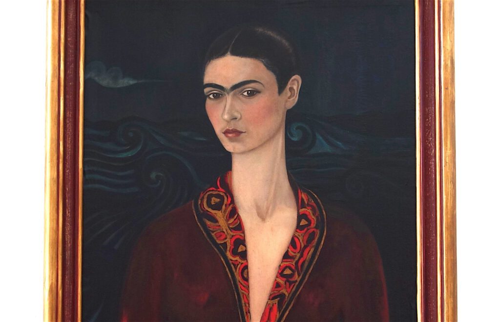 フリーダ・カーロ「ベルベットのドレスを着た自画像」 油絵、79.7 x 59.9 センチ、部分、1926年 @ バイエラー財団 2021年