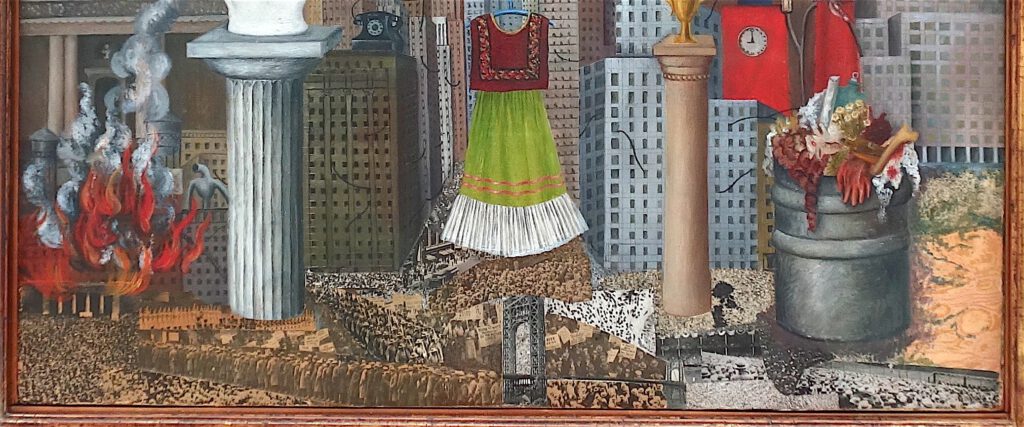 フリーダ・カーロ「私のドレスはそこにぶら下がっている」 メゾナイトに油彩とコラージュ、46 x 55 センチ、部分、1933年（色は明るく）
