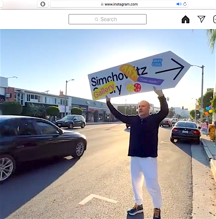 Art dealer Stefan Simchowitz waving at 8255 Beverly Blvd. Los Angeles, Insta-screen
