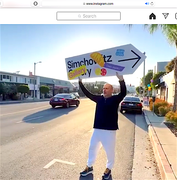 Art dealer Stefan Simchowitz waving at 8255 Beverly Blvd. , talk of the town in Los Angeles, insta-screen
