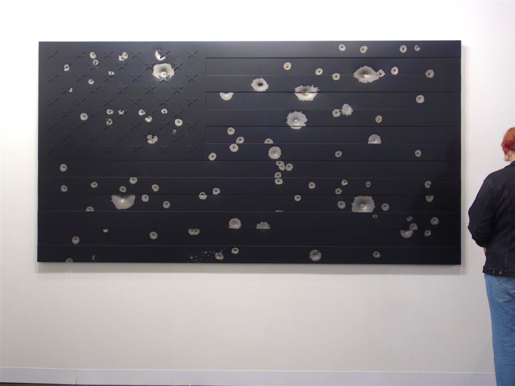 Maurizio Cattelan “NIGHT” 2021, Stainless steel, black paint, bullet holes 148 x 281 x 5 cm, Ex 2:3 (+ 2 AP) @ Massimo De Carlo, Art Basel 2021