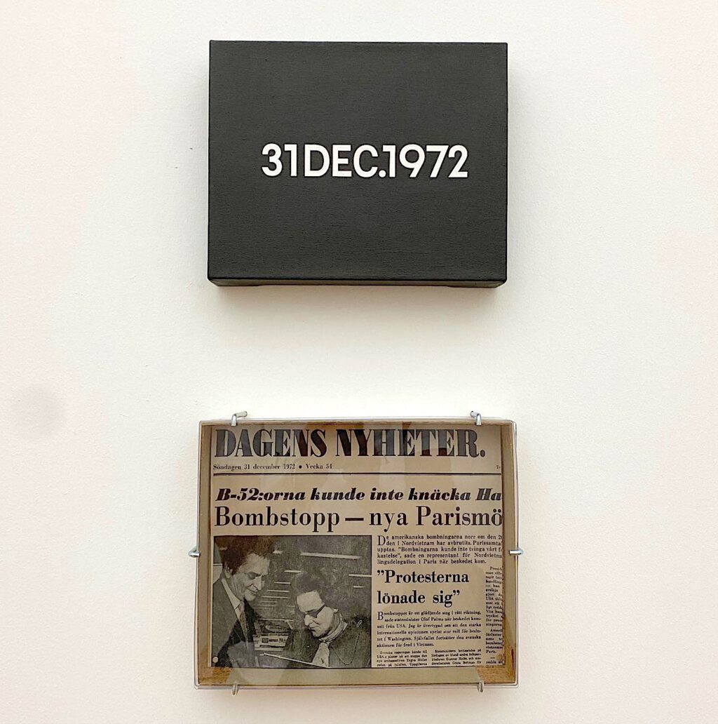 On Kawara DEC. 31, 1972 1972. From ‘Today’ series, 1966-2013. Acrylic on canvas, accompanied with artist made box and corresponding newspaper clipping @ Moderna Museet Permanent Collection, Stockholm
