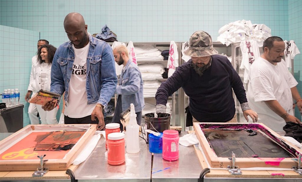 Virgil Abloh and MURAKAMI Takashi silkscreening streetwear t-shirts. Screenshot from Instagram // Creative Commons Attribution Noncommercial-NoDerivative Works photos: cccs courtesy creative common sense