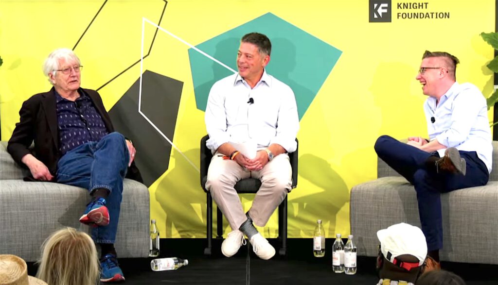 From right: Beeple, Adam Lindemann and Peter Saul in Miami 2021. Screenshot from Instagram // Creative Commons Attribution Noncommercial-NoDerivative Works photos: cccs courtesy creative common sense