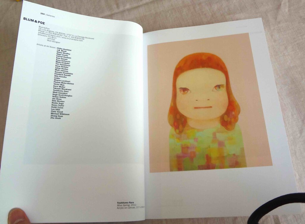 Blum & Poe page in the Art Basel 2013 catalogue. 奈良美智 NARA Yoshitomo「春少女」”Miss Spring” 2012. Acrylic on canvas, 227 x 182 cm. Bought by The Yokohama Museum of Art 横浜美術館