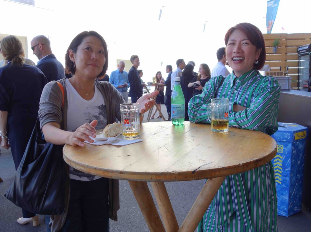 Relaxing during Art Basel 2022, from left architect 小室舞 KOMURO Mai and artist 毛利悠子 MOHRI Yuko