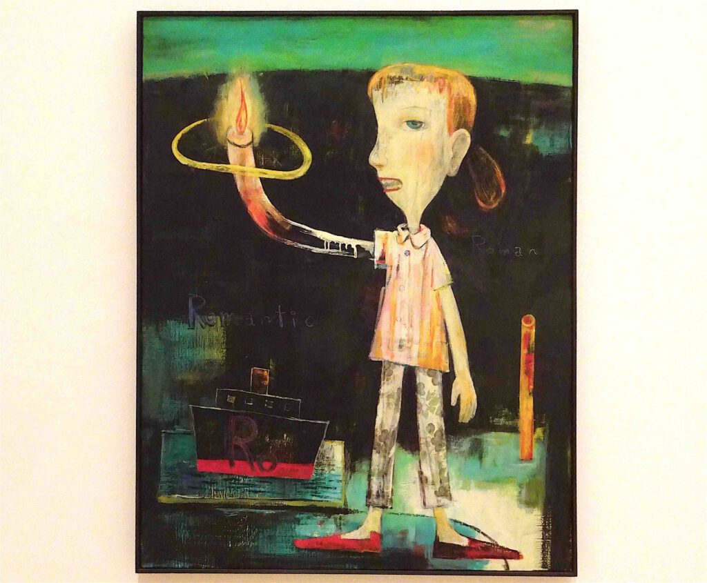 奈良美智 NARA Yoshitomo “Romantic Catastrophe” 1988. Acrylic and coloured pencil on canvas, 116.7 x 90.9 cm. Private collection (entrusted to Toyota Municipal Museum of Art)