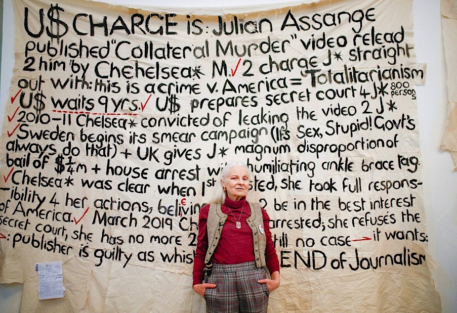 Vivienne Westwood shows her support for WikiLeaks founder Julian Assange
