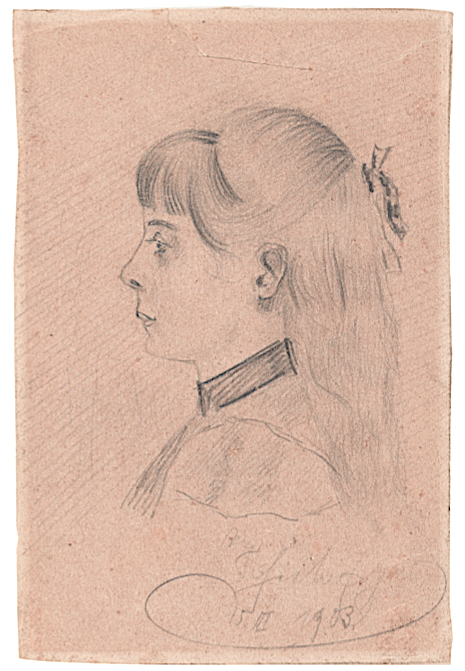 Egon Schiele “Gerti Schiele im Alter von 8” (Sister Gertrude Schiele) 1903, pencil on paper, 6.9 x 4.6 cm