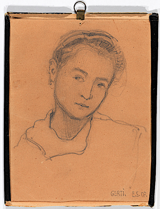 Egon Schiele “Gerti Schiele mit zwölf Jahren” (Sister Gertrude Schiele) 1907, Bleistiftzeichnung auf Papier, 17 x 13.2 cm, with frame 18.1 x 14 cm