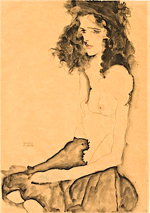 Egon Schiele Girl with Black Hair 1911, Watercolor and graphite pencil on paper, 45 x 31.6 cm