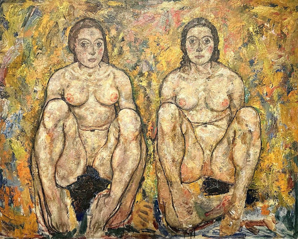 Egon Schiele Hockendes Frauenpaar, 1918 (unvollendet) Öl, Deckfarbe auf Leinwand, 110 × 140,5 cm