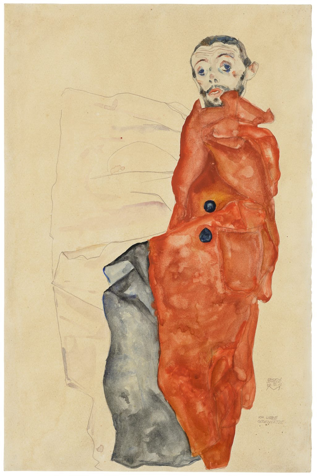 Egon Schiele Ich liebe Gegensätze 1912, gouache, watercolour and pencil on paper, 47.9 x 31.5 cm, US$ 1,500,000-2,500,000 Christies November 2023