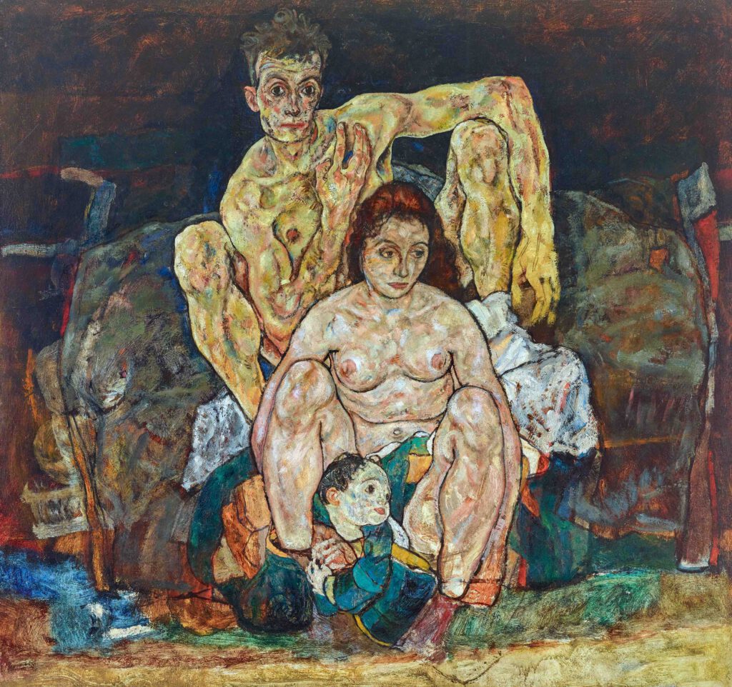 Egon Schiele Kauerndes Menschenpaar (Die Familie) 1918, Öl, Deckfarbe auf Leinwand, 152.5 x 162.5 cm