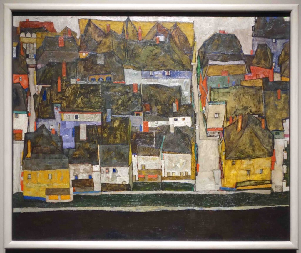 Egon Schiele Krumau on the Vltava (The Small Town IV) 1914, Oil, black chalk on canvas